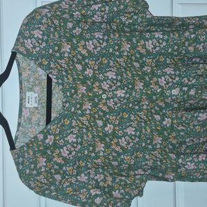 RVCA Green Floral Short-Sleeve Swing Dress with Pink & Orange Accents